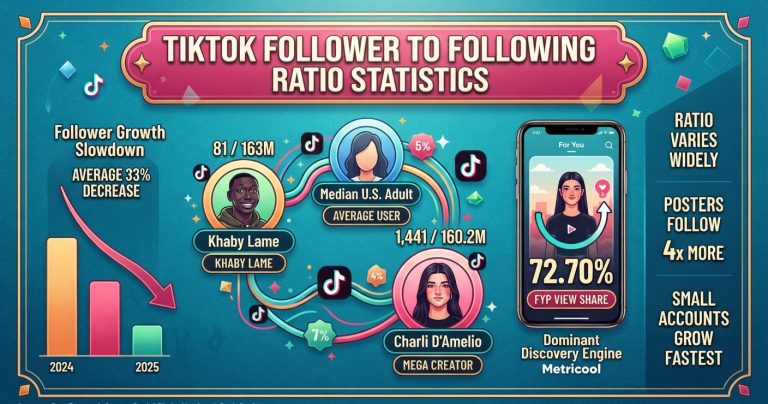 TikTok follower-to-following ratio statistics 2026 showing user counts, creator following lists, follower growth, For You reach, and major account comparisons.