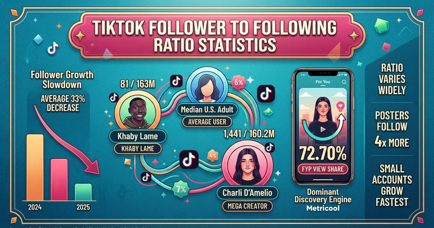 TikTok follower-to-following ratio statistics 2026 showing user counts, creator following lists, follower growth, For You reach, and major account comparisons.