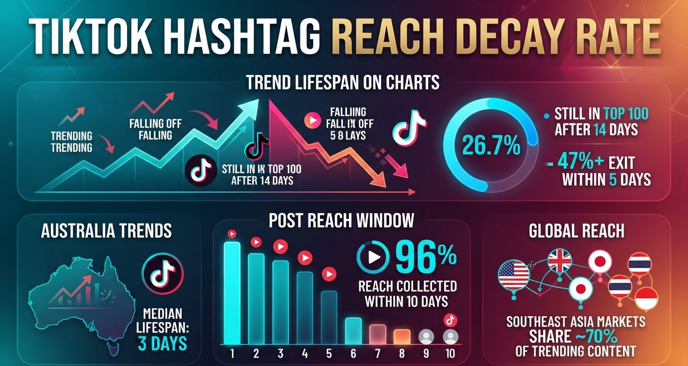 TikTok hashtag reach decay statistics for 2026, including trend survival, post reach windows, hashtag traffic growth, #fyp daily views and post deletion rates.