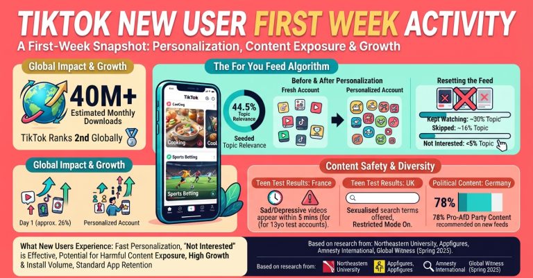 TikTok new user first week activity statistics cover feed personalization, retention benchmarks, downloads, and controlled tests of fresh accounts in 2026.
