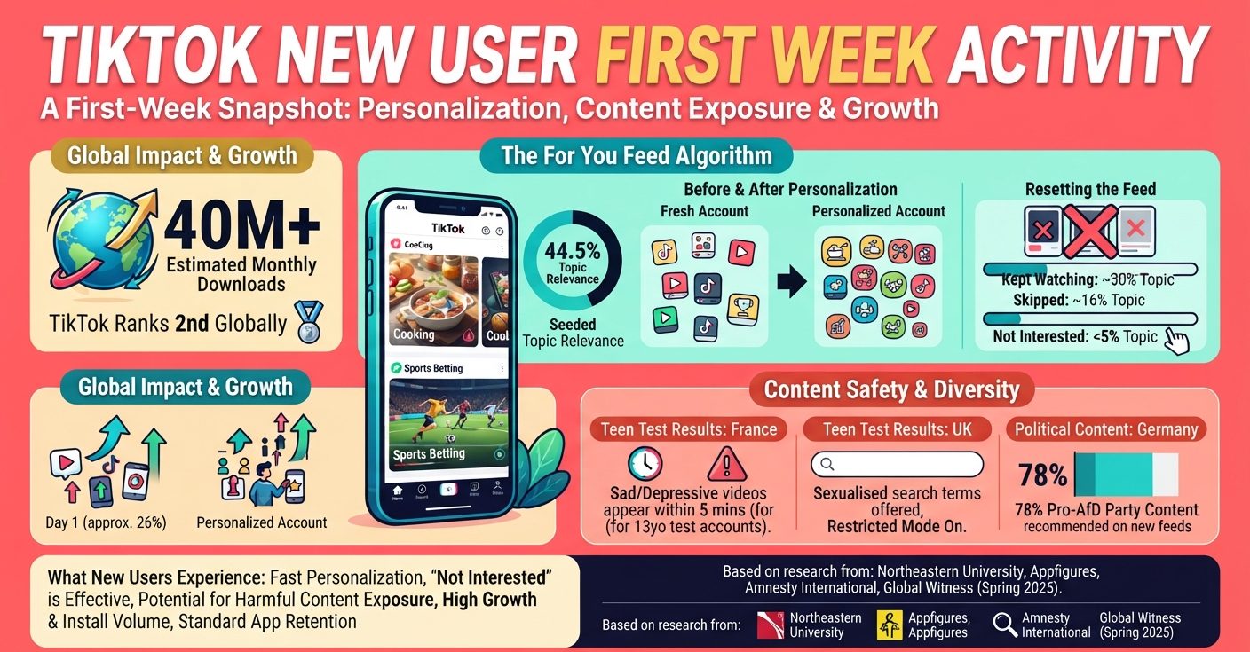 TikTok new user first week activity statistics cover feed personalization, retention benchmarks, downloads, and controlled tests of fresh accounts in 2026.