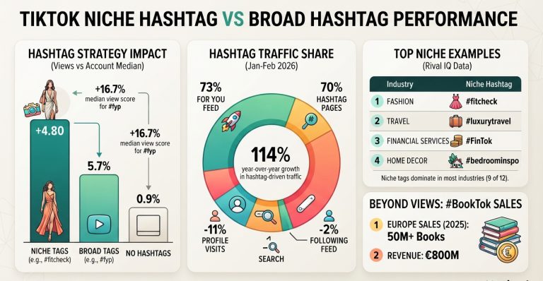 TikTok niche vs broad hashtag performance statistics, covering #fyp, industry-specific tags, hashtag traffic, engagement, and #BookTok sales.