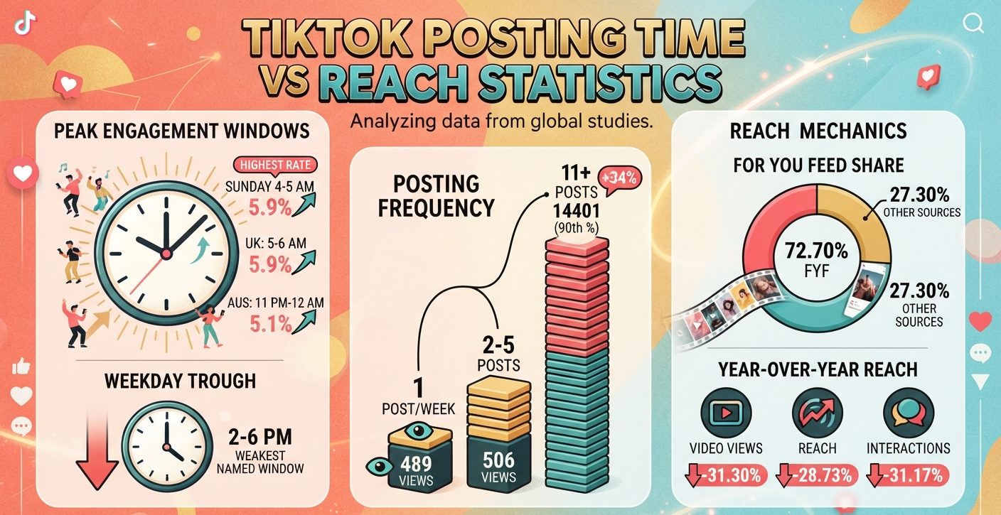 Six major TikTok studies point to different peak posting hours, while only one quantifies hourly engagement. Compare posting time, frequency, For You reach, and 2026 performance trends.