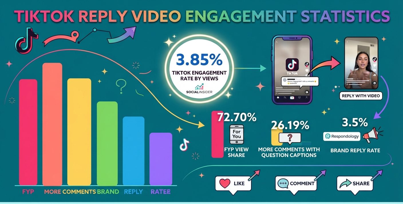 TikTok reply video engagement statistics 2026 showing engagement rates, comment volume, For You reach, caption prompts, reply rates, and video performance trends.