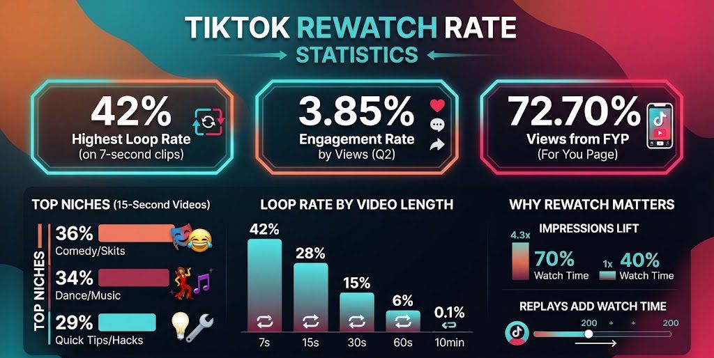 TikTok rewatch rate statistics for 2026, including loop rates by video length, niche, watch time, and engagement benchmarks.