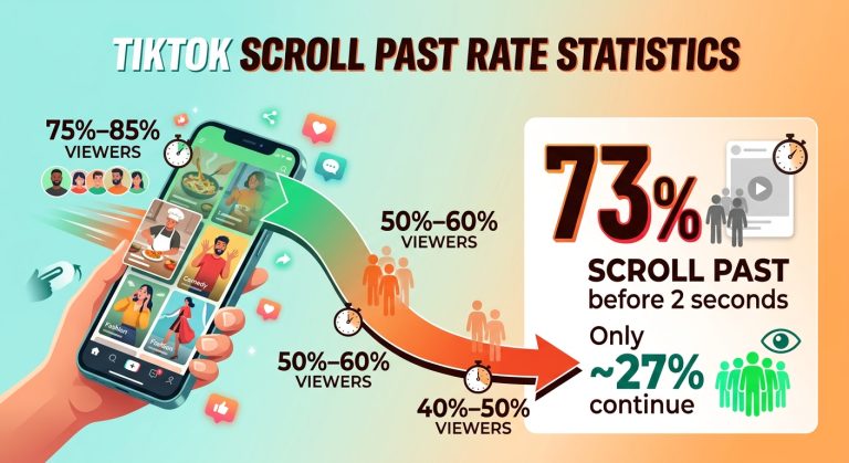 TikTok scroll past rate statistics for 2026 showing 2-second and 6-second view rates, viewer retention, video length targets, content niche benchmarks, and year-over-year performance changes.