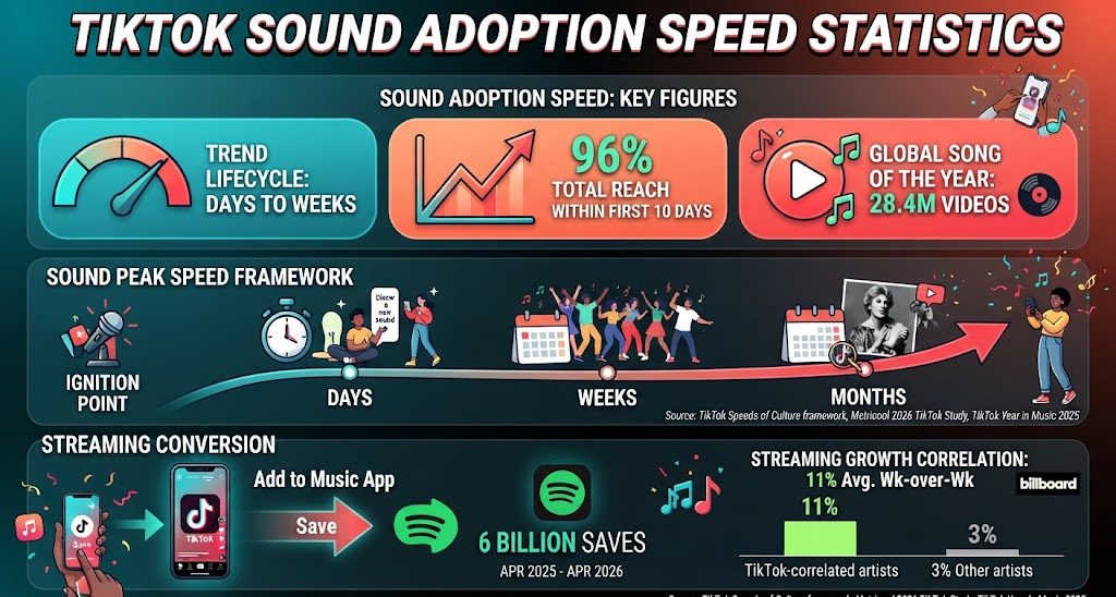 TikTok sound adoption speed statistics for 2026 reveal how quickly trends spread, peak, and drive views, with data on lifecycles, reach, streaming growth, and viral sounds.