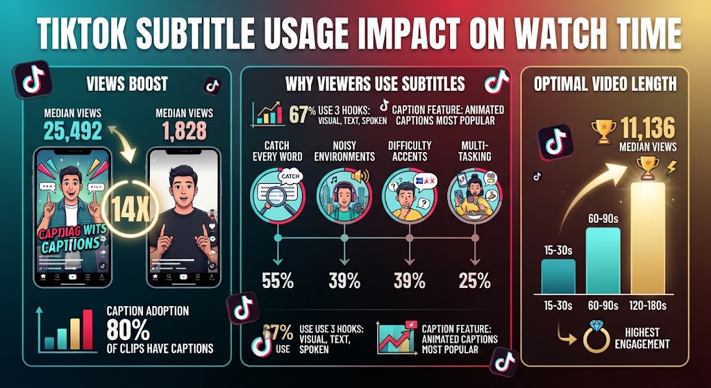 TikTok subtitle usage and watch time statistics in 2026.