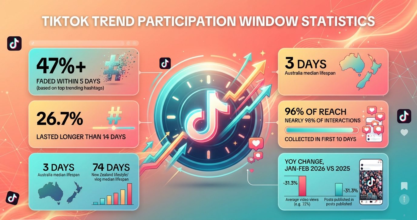 TikTok trend participation statistics showing trend lifespans, five- and 14-day survival rates, cross-border spread, post reach, and 2026 engagement trends.