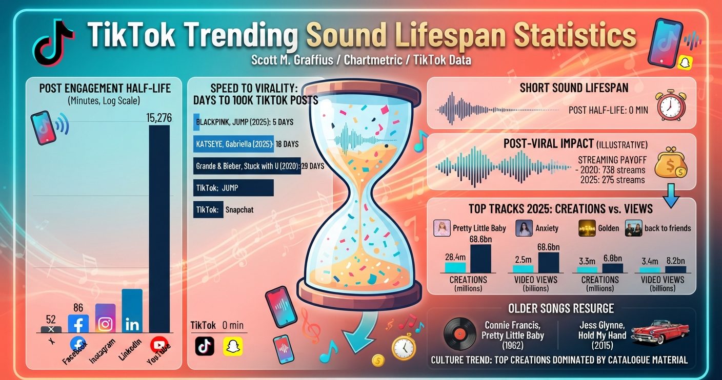 TikTok trending sound lifespan statistics showing viral speed, song uses, views, and streaming impact.