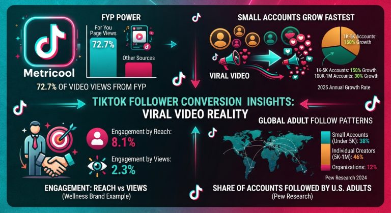 TikTok viral video follower conversion statistics, including follower growth by account size, views, engagement, and For You page reach in 2026.