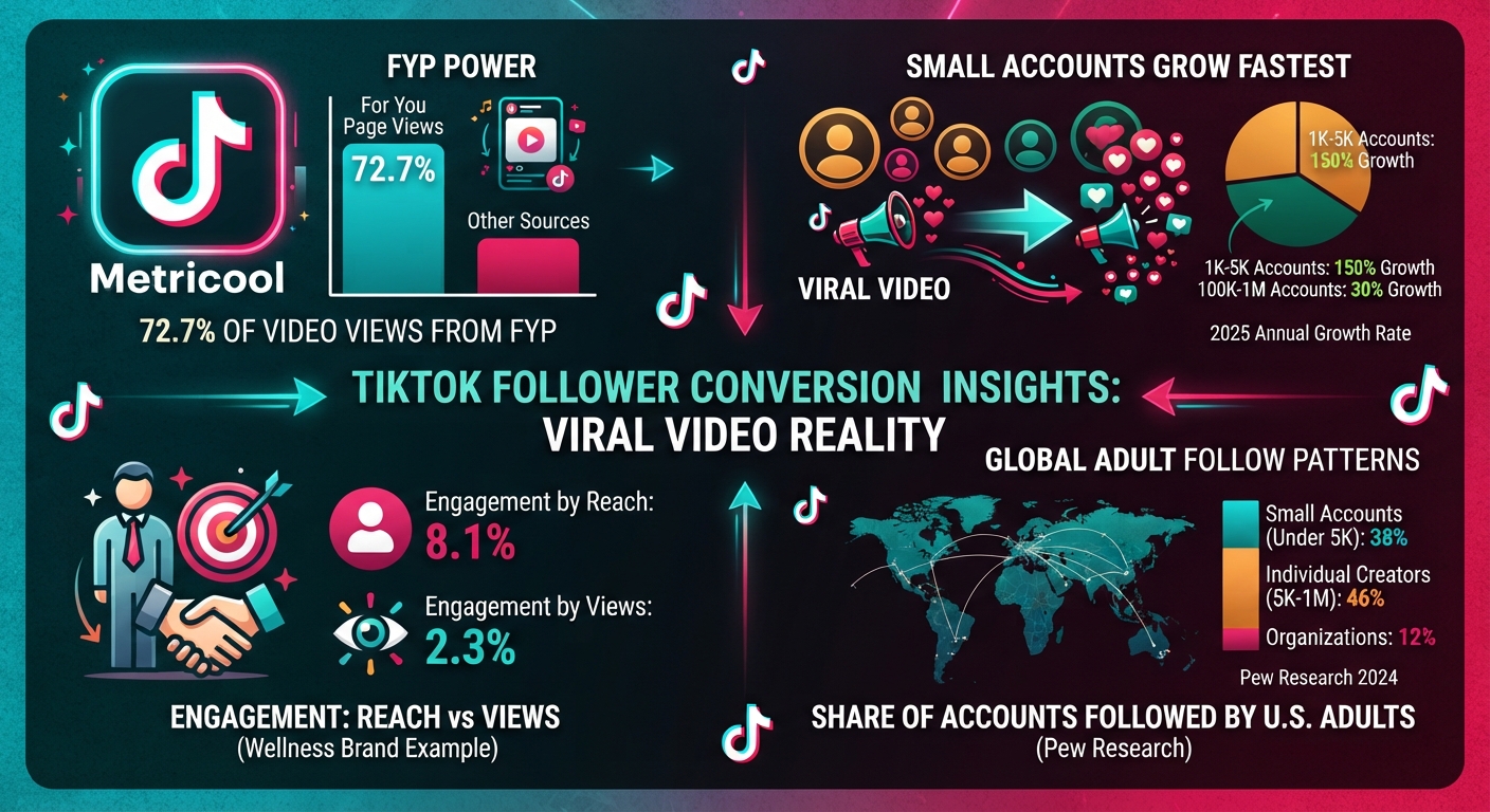 TikTok viral video follower conversion statistics, including follower growth by account size, views, engagement, and For You page reach in 2026.