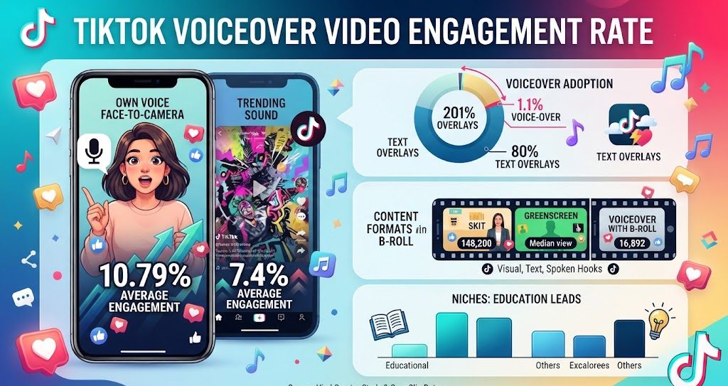 TikTok voiceover video engagement rates and content format performance in 2026.