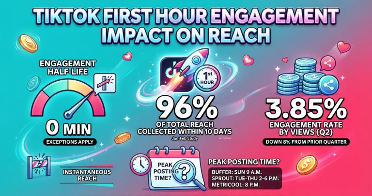 TikTok first-hour engagement and reach statistics for 2026, covering engagement signals, posting times, half-life, follower size, and how reach builds over 10 days.