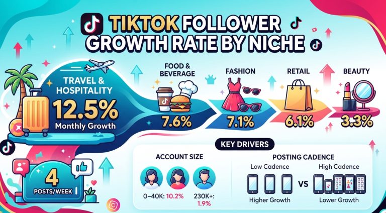TikTok follower growth statistics by niche in 2026, comparing industry growth rates, account size, posting frequency, and follower trends. Travel and hospitality leads at 12.5% monthly growth.