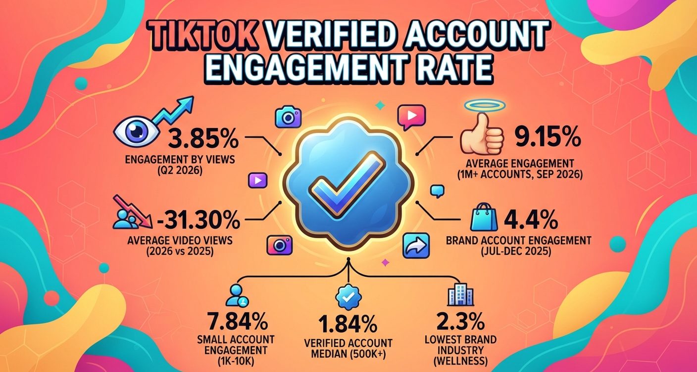 TikTok engagement rate statistics for 2026, comparing verified and large accounts by followers, views, industry, and reach.